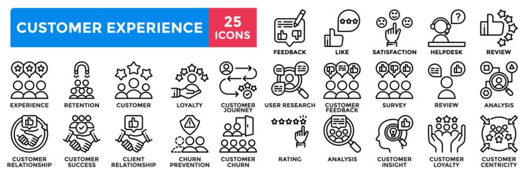 Customer experience icon collection set.Containing feedback, satisfaction, review, rating, survey icon.Simple line vector illustration