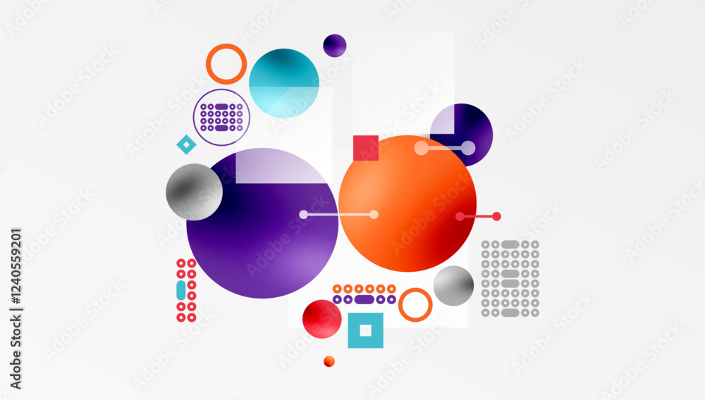 Poster Minimalistic abstract vector design, layered geometric shapes circles, squares, and triangles with soft pastel gradients and semi-transparent effects. Perfect for contemporary use