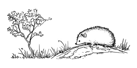 hedgehog on grassy hill with tree in doodle hand-drawn sketch © Kaz