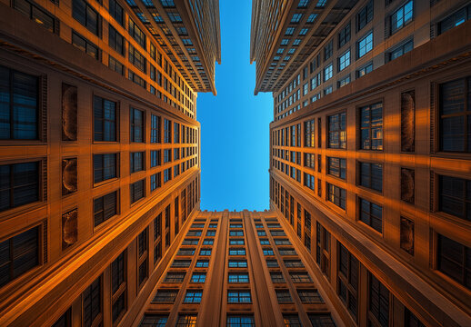 Fototapeta Blue skies and tall buildings seen from below, wide-angle, low-angle perspective, skyscrapers, business district, cityscape, urban architecture, blue sky, office building, corporate skyline, skyscrape