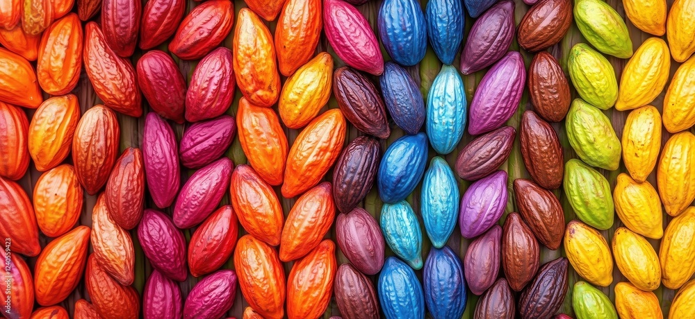 Poster colorful array of vibrant cocoa pods arranged in rainbow pattern showcasing rich textures and hues, 