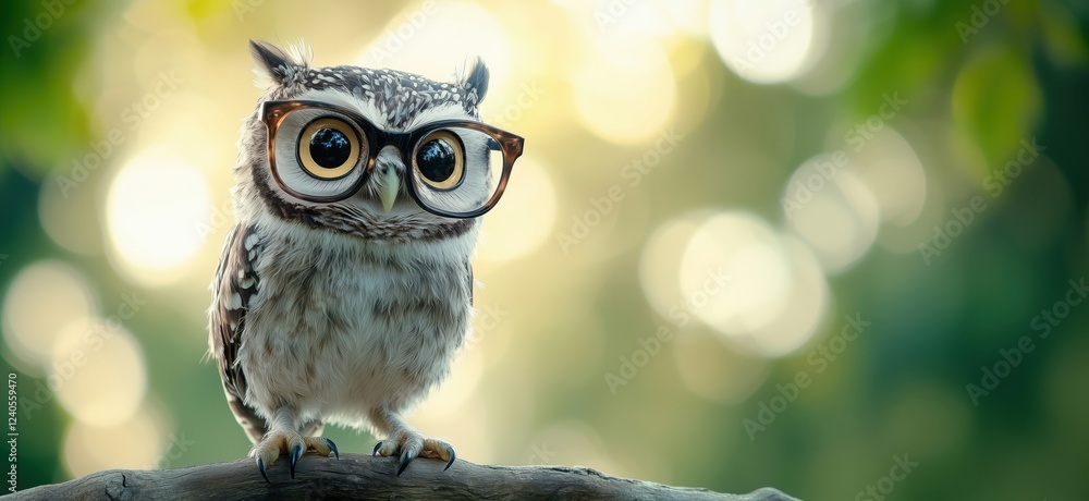 Poster owl wearing glasses perched on a branch with a blurred bokeh background, showcasing its curious expr