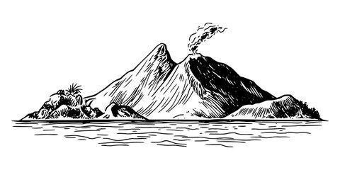volcanic island landscape with smoke and sea in monochrome hand-drawn sketch  © Kaz