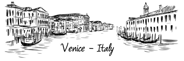 Venice Italy cityscape illustration with canal and gondolas in monochrome hand-drawn sketch style