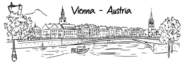 Vienna Austria cityscape with river and buildings in monochrome hand-drawn sketch