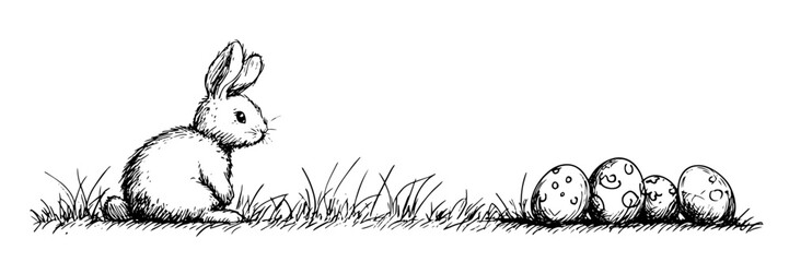 easter bunny with decorated eggs on grass, hand-drawn vector artwork