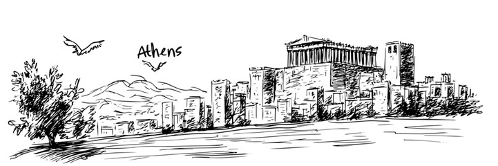 Athens Acropolis with parthenon and mountain backdrop, hand-drawn vector artwork