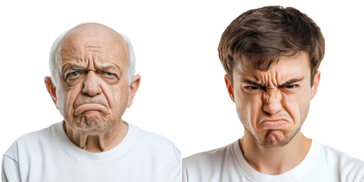 Comparison of facial expressions showing frustration in an elderly man and a young man in a neutral background