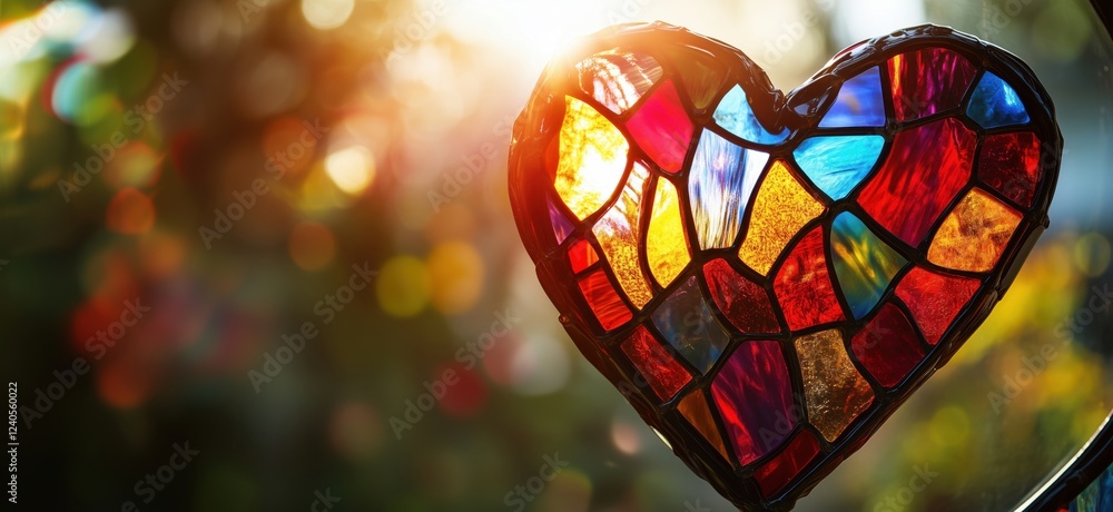 Poster stained glass heart with vibrant colors illuminated by sunlight, creating a beautiful bokeh effect i