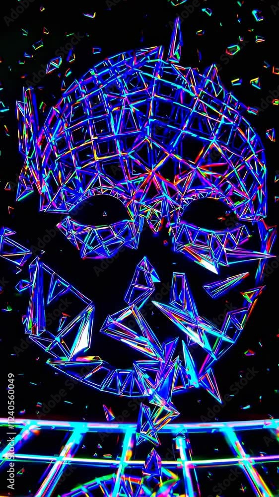 Poster a fractured crystalline mask with a neon grid overlay, dissolving into kaleidoscopic shards at the e