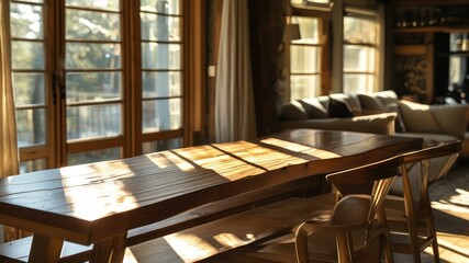Cozy wooden dining area with sunlight streaming through windows