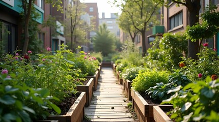 Naklejka premium A charming urban courtyard garden with wooden planters overflowing with greenery and colorful flowers, creating a peaceful retreat