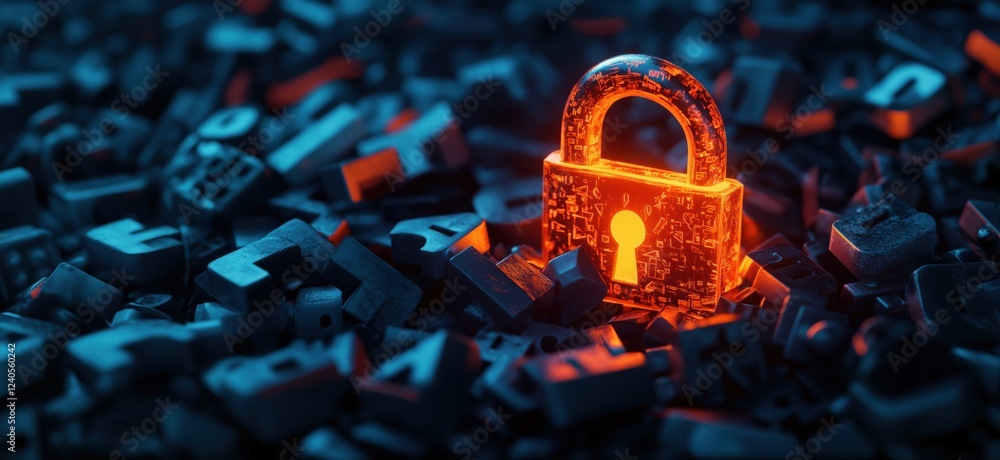 Poster digital padlock symbolizing cybersecurity amidst chaotic letters and numbers, representing data prot