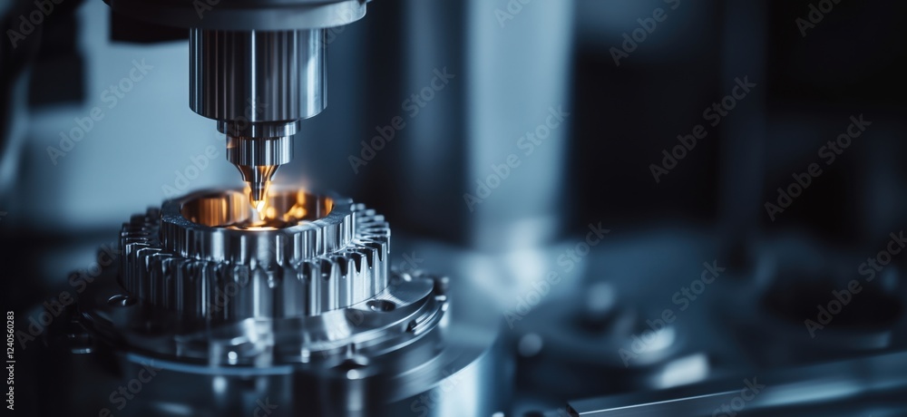 Poster precision machining process with cnc milling tool cutting metal part in industrial workshop, showcas