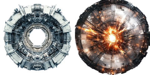 Futuristic energy core and industrial technology depicted in striking contrast during twilight hours