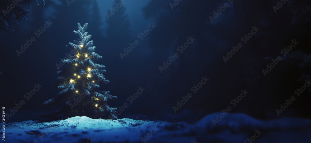 Poster illuminated christmas tree in snowy forest at night, surrounded by dark pine trees and soft snow, cr