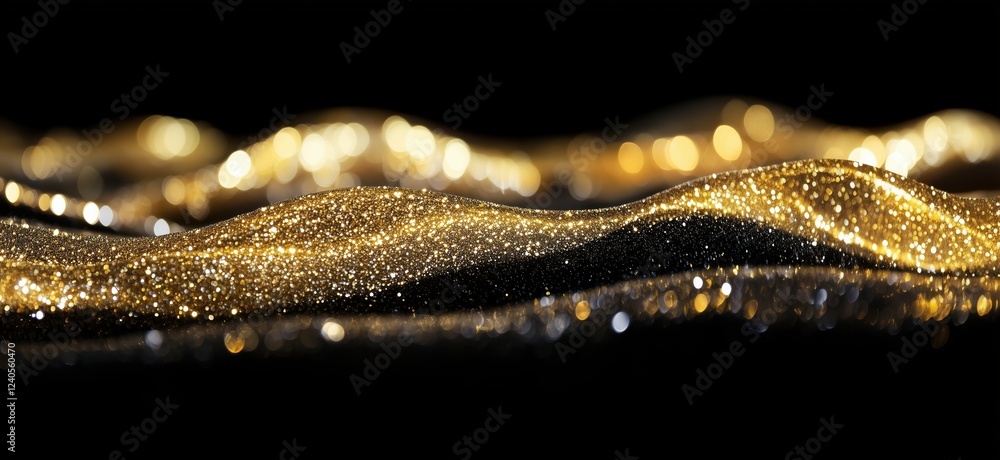 Poster golden glitter waves shimmering against black background, creating a mesmerizing visual effect with 