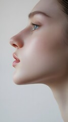 Fototapeta premium 41. A side view of a face with gentle curves and a defined jawline, showcasing a soft and balanced structure, white backdrop