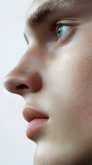 42. A close-up of a face with a pronounced nose bridge and smooth features, soft bone structure visible, white background