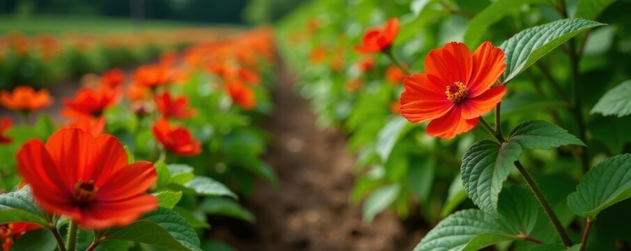 Row of red Solanaceous flowers growing among potato plants, Florals, Rows