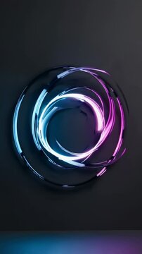 A luminous circular form wrapped in gentle horizontal ribbons, shifting from cool blues at the top to hot pinks at the bottom, displayed on a charcoal background.
