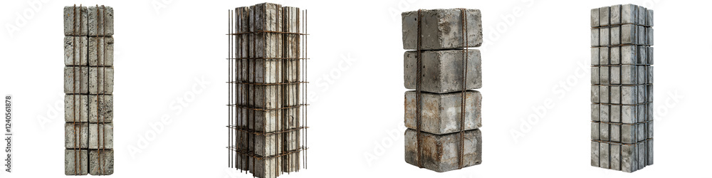 Poster construction materials arranged in a series of vertical concrete structures highlighting various tex