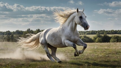 Fototapeta premium Majestic white horse galloping freely across an open field, its mane and tail flowing in the wind
