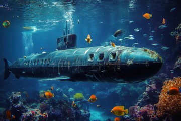 Sunken Submarine in a Vibrant Coral Reef