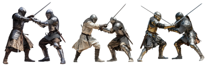 Medieval knights engaged in a sword fight showcasing historical combat techniques in a dramatic duel