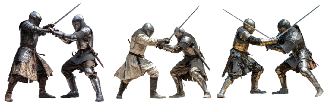 Medieval knights engaged in a sword fight showcasing historical combat techniques in a dramatic duel