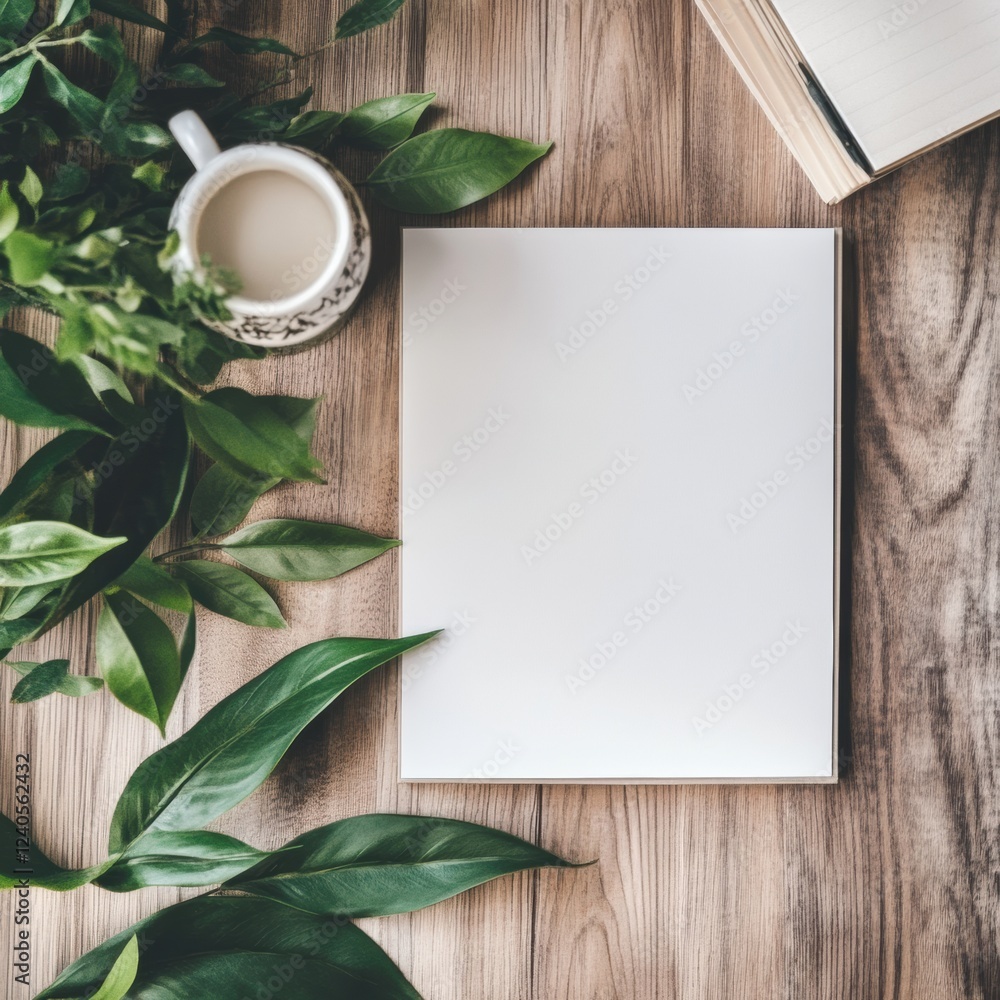 Poster blank space with green leaves and a cup of coffee on a wooden table for creative writing or note tak