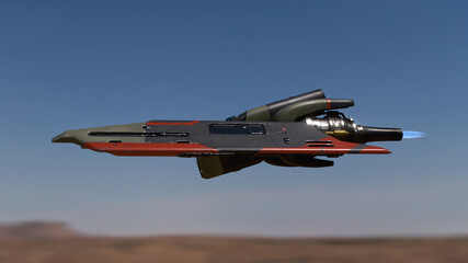 Side view of a single-pilot sci-fi military fighter spaceship with scratched metal gray green orange color paint, turbines, flying on a mission high in the blue sky above the desert land. 3d render.