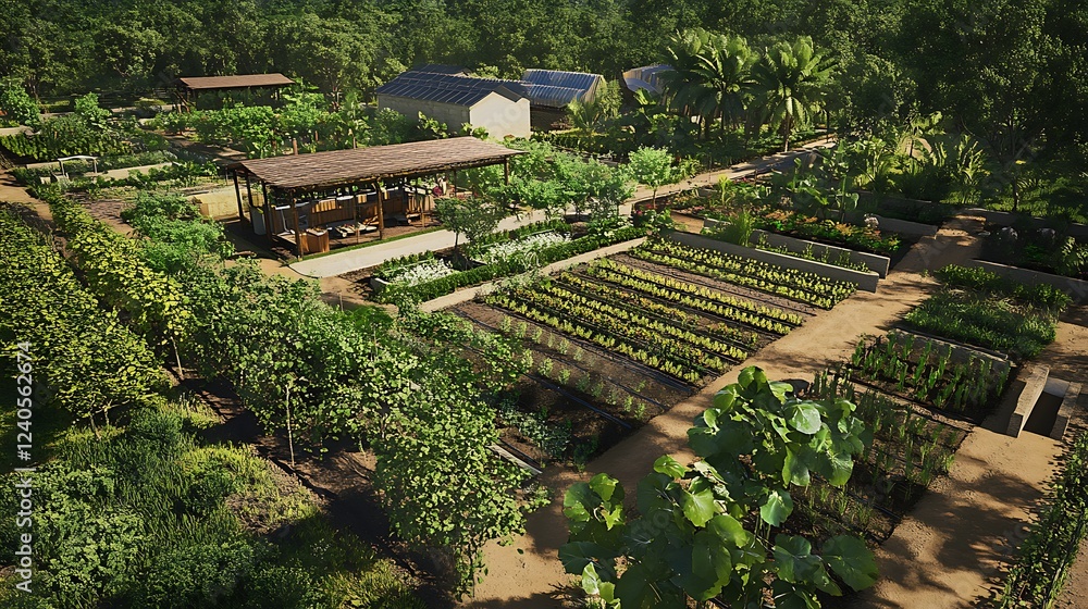 Poster aerial view of a high-tech farm with smart irrigation systems optimizing water distribution for maxi