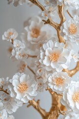 Delicate White Porcelain Flowers on a Golden Branch Detailed Close-Up, Serene Neutral Backdrop