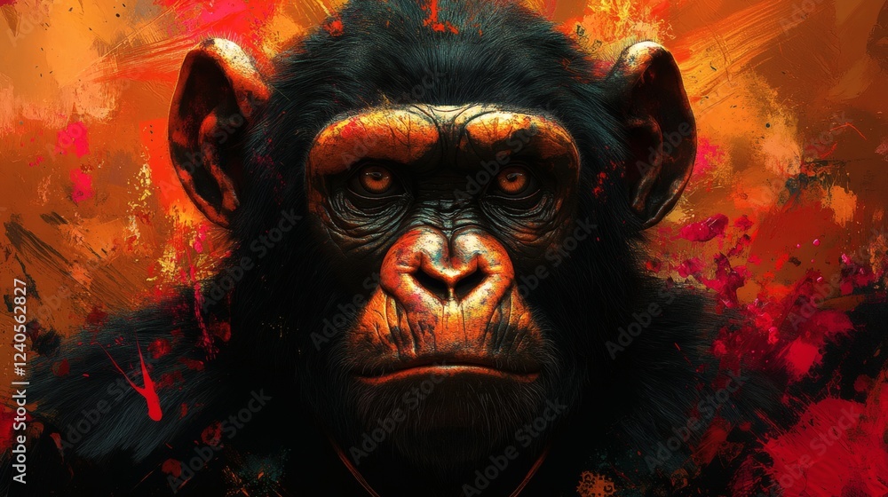 Poster capture psychedelic gorilla with exaggerated large ears in a colorful environment surrounded by spla