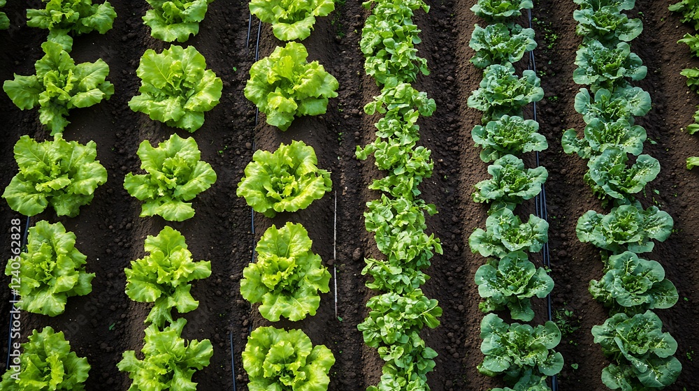 Poster aerial view of a high-tech farm with smart irrigation systems optimizing water distribution for maxi