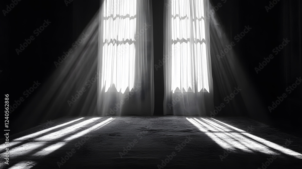 Aufkleber sunlight streams through curtains, casting dramatic shadows on the floor, creating a serene yet myst