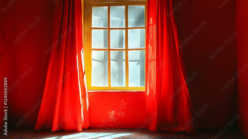 Aufkleber A vibrant red room featuring a large window with yellow frames and flowing curtains that allow soft light to pour in