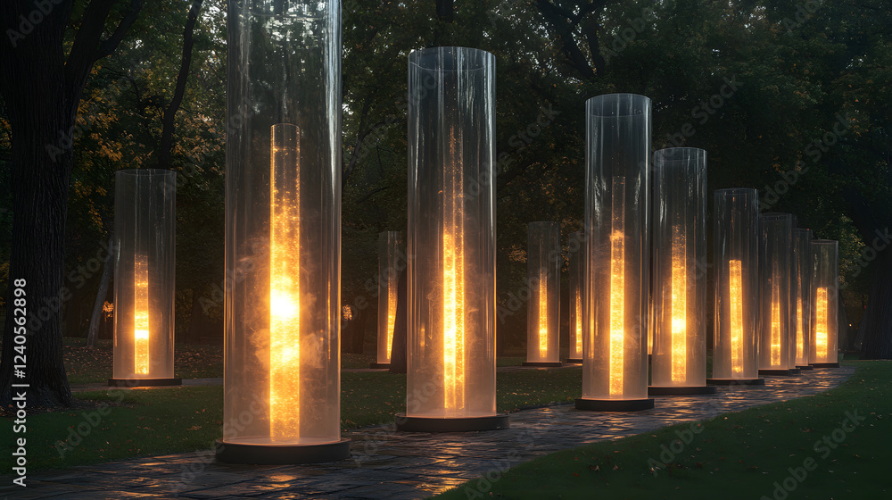 Poster A serene outdoor scene featuring illuminated cylindrical structures surrounded by greenery, creating a warm and inviting atmosphere