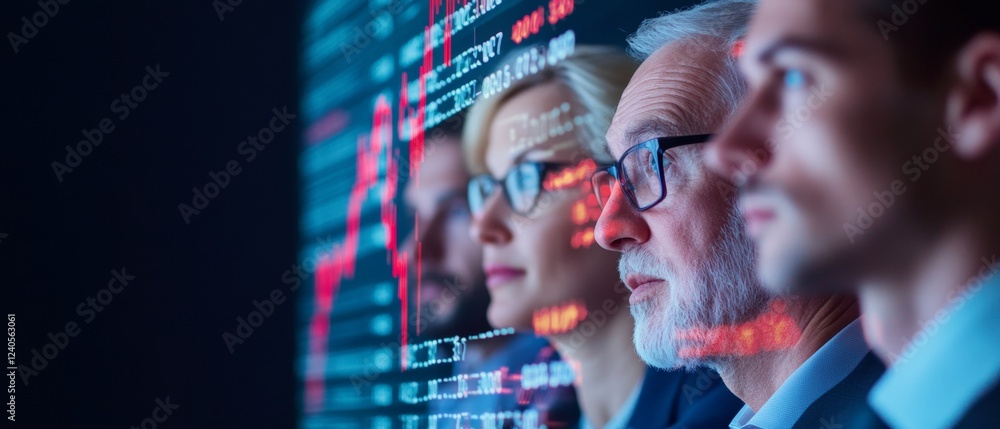 Poster contemporary market analysis diverse professional team examining digital financial trends on interac