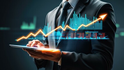 Businessman analyzing financial data on a tablet with graphs