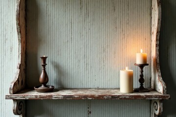 Vintage distressed wood shelf with ornate metalwork and candles , lighting, interior