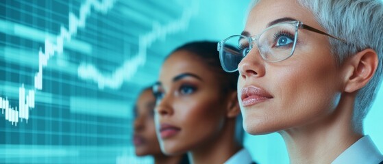 Futuristic Business Collaboration Diverse Professionals in Trendy Corporate Attire Analyzing Dynamic Digital Financial Trends for Innovative Market Solutions