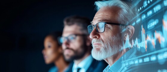 Modern Business Strategy Diverse Team Analyzing Digital Financial Trends on Interactive Display - Innovative Insights for Tech-Driven Corporate Solutions