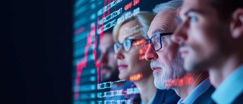 Contemporary Market Analysis Diverse Professional Team Examining Digital Financial Trends on Interactive Display - Enhanced Business Strategies and Collaborative Decision-Making - Powered by Adobe