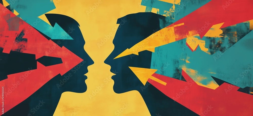 Poster conflict and communication: abstract representation of two faces engaged in dialogue with colorful a