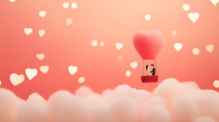 Obraz premium A dreamy Valentine's diorama set in a miniature hot air balloon scene, where a tiny couple floats above a landscape of heart-shaped clouds. The background is a soft pink and red blend, adding a warm,