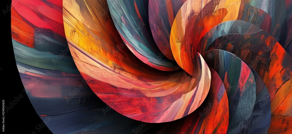 Poster vibrant abstract swirl of colorful textures and patterns in spiraling design, copy space for text