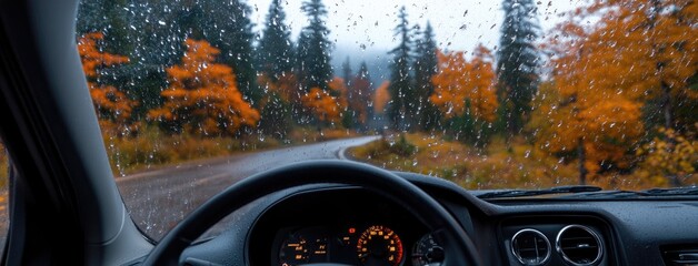 The interior of a high-end automobile showcases sleek craftsmanship with autumn foliage providing a colorful backdrop