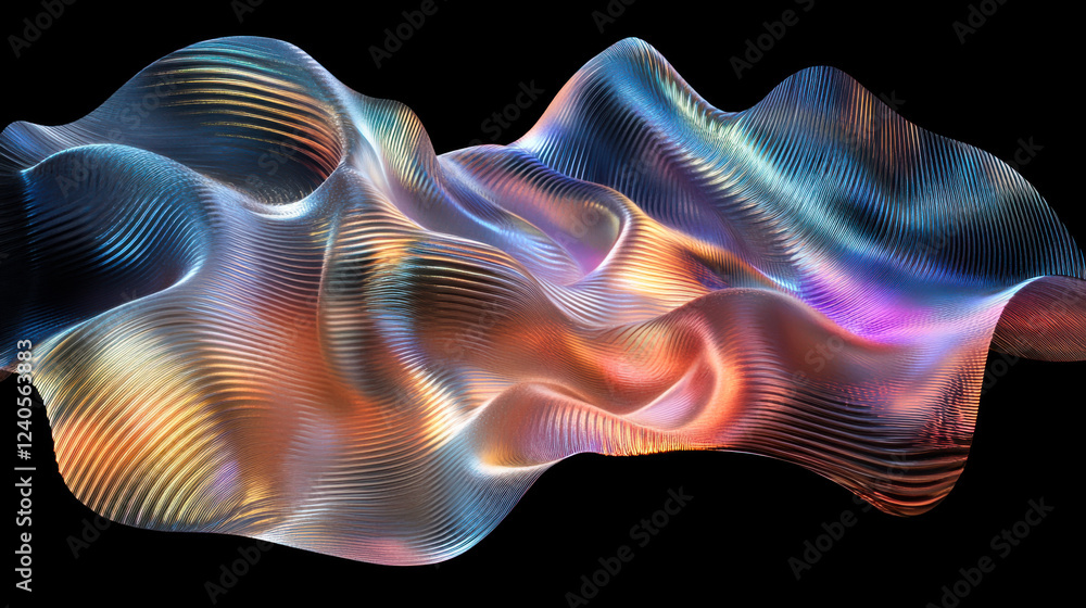 Poster abstract colorful digital wave design showcasing intricate patterns and smooth curves on a dark back